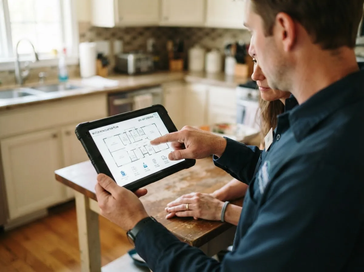 Water damage restoration technician inspecting a home in Vinita, OK